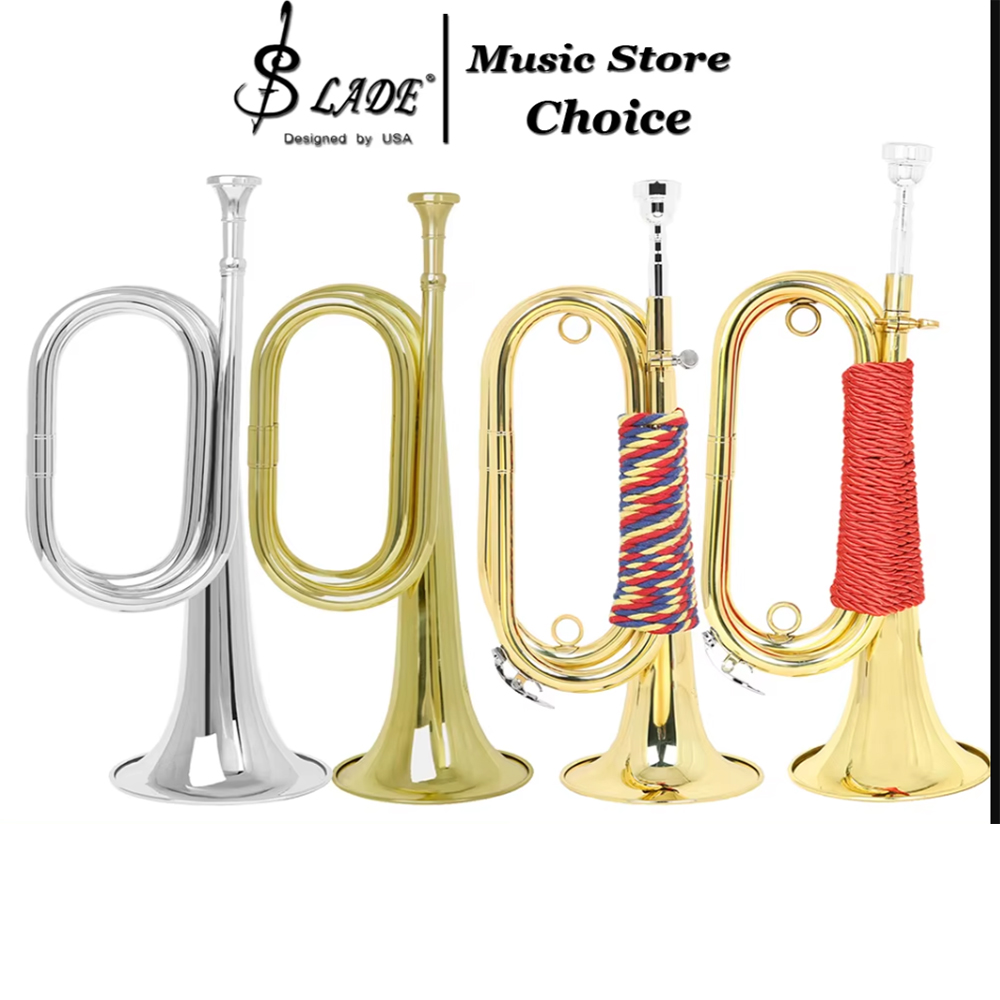Musical Instrument Bugle - แตรทรัมเป็ตขนาดเล็ก Bb สีทอง แตรทหารพร้อมปากเป่าและกระเป๋า สำหรับพิธีการทางทหาร ขบวนพาเหรด